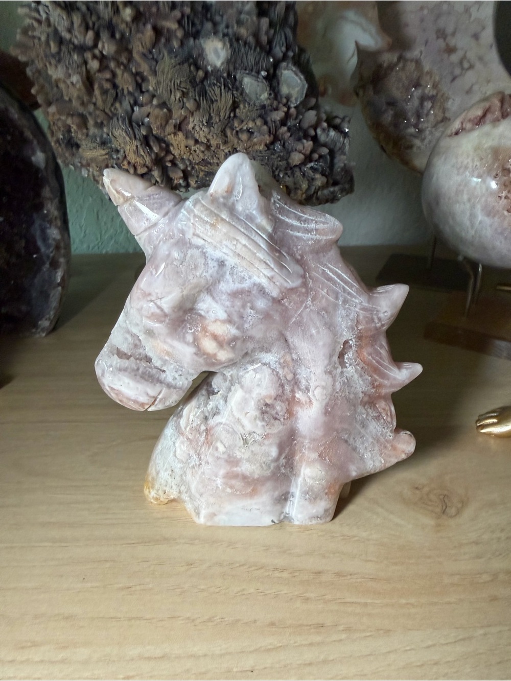 Pink Amethyst Druzy Unicorn Head Carving Natural Crystal